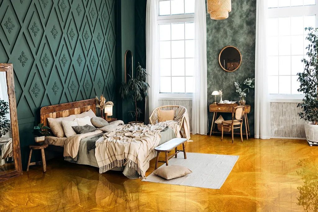 Ilustrační foto: Metalický epoxid Shimmer Gold v ložnici